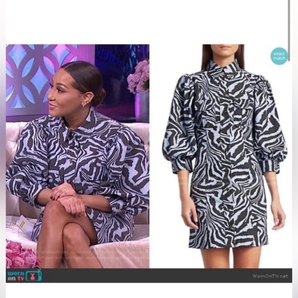 Ganni Blue Black Zebra Animal Print Puff Sleeve Mini Dress Size Small